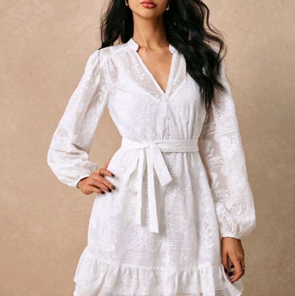 Women Elegant Solid Color Embroidered V-Neck Lantern Sleeve Short Dress - Picture 2 of 4